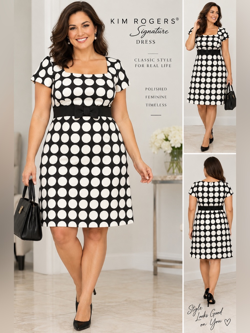 Kim Rogers Signature Dress Size 18 Black Ivory Polka Dot Bow Waist NWT